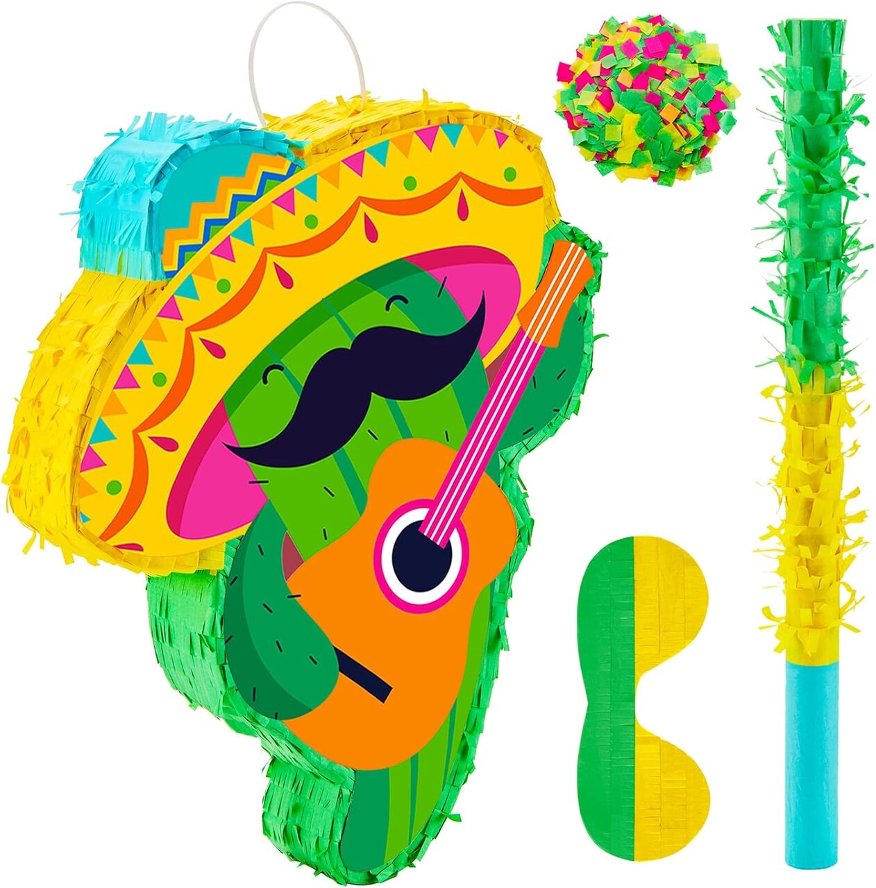 Cactus Piñata Mini Sombrero Party Hats Mexican Fiesta Decorations with Piñata Stick Blindfold Confetti Set, 16.1 x 13 x 3 Inch